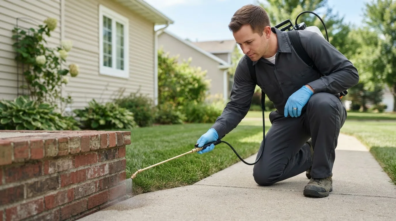 Pest control technician treating a home near Westbrook, MN